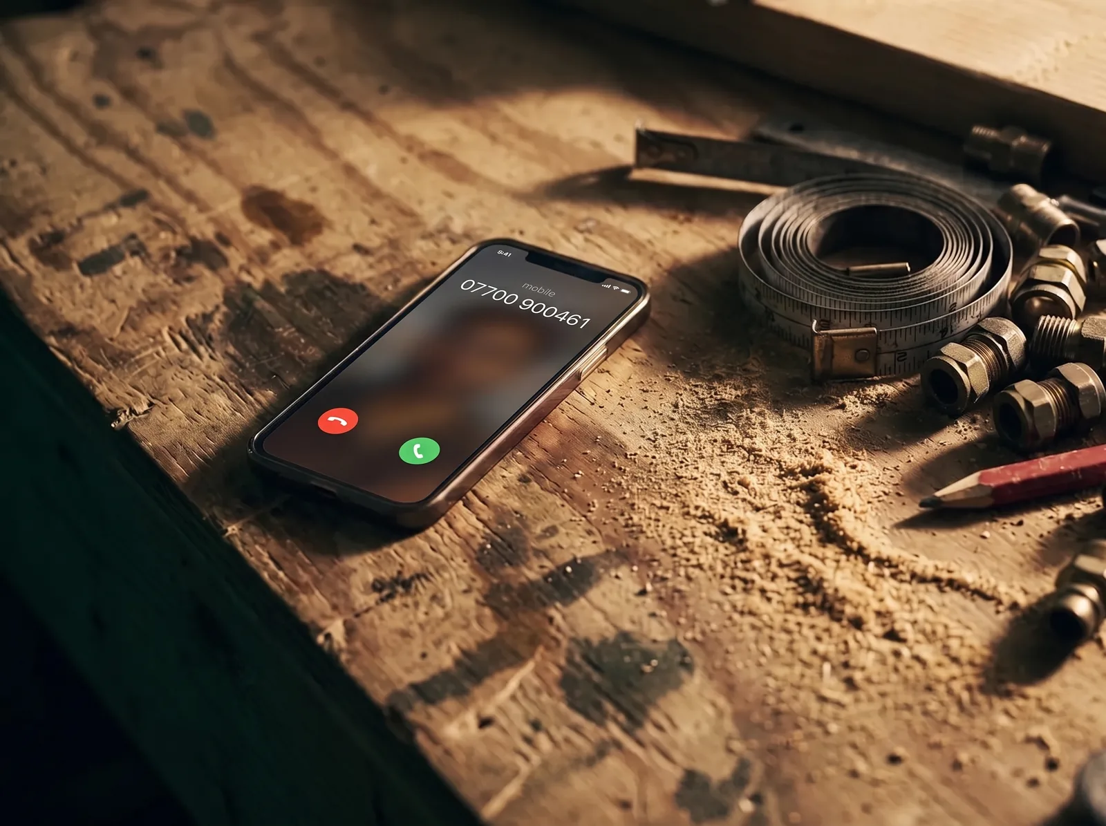 A phone lit up on a workbench next to a tape measure
