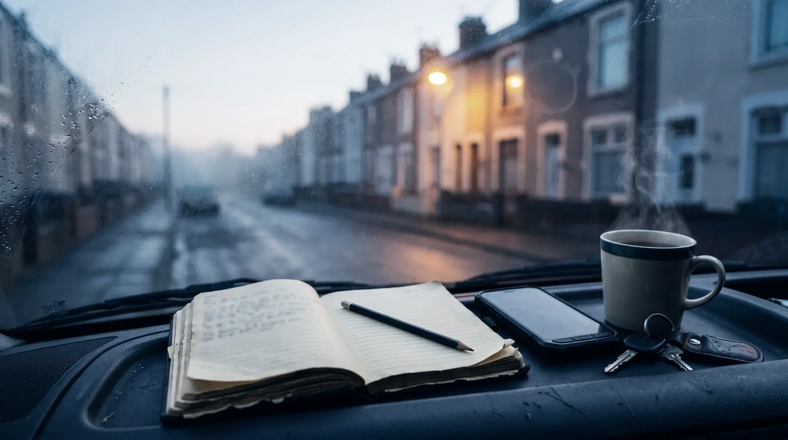 A work diary, van keys, a phone and a mug of tea on a van dashboard at dawn
