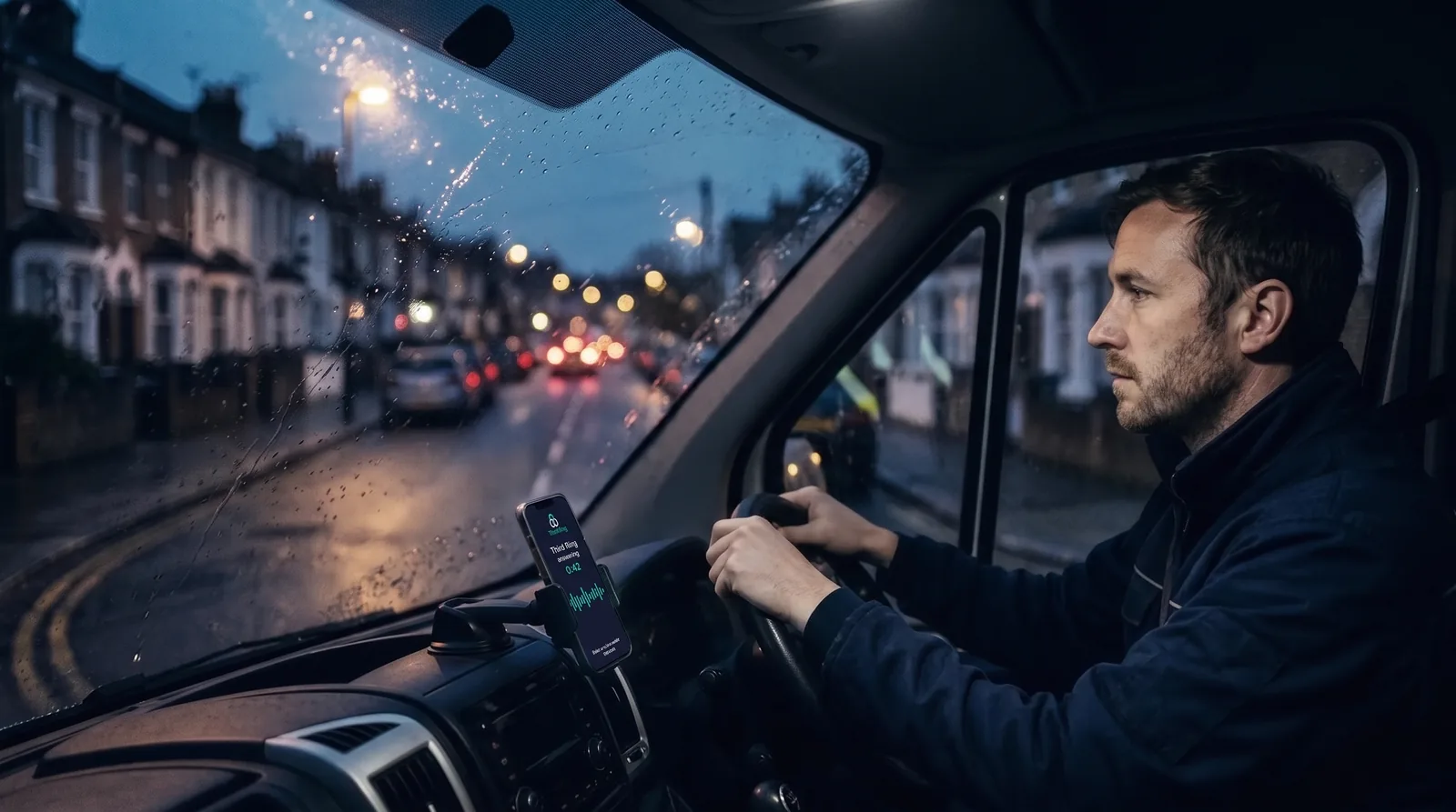 A tradesman driving his van in the rain at dusk while his phone lights up on the dashboard
