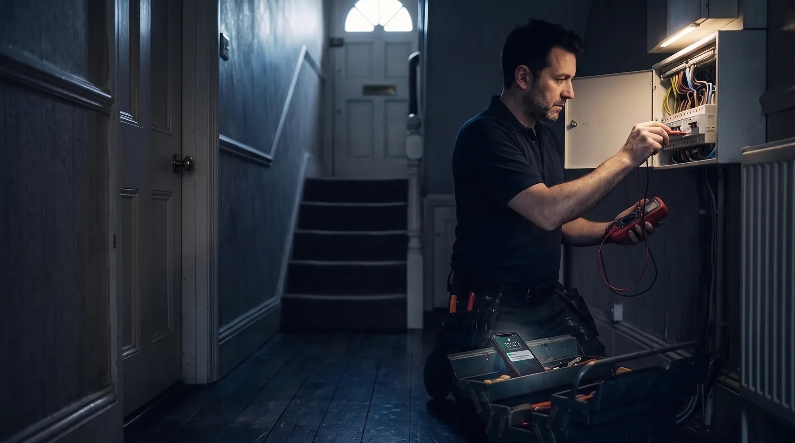 An electrician testing a fuse board while his phone lights up on his toolbox