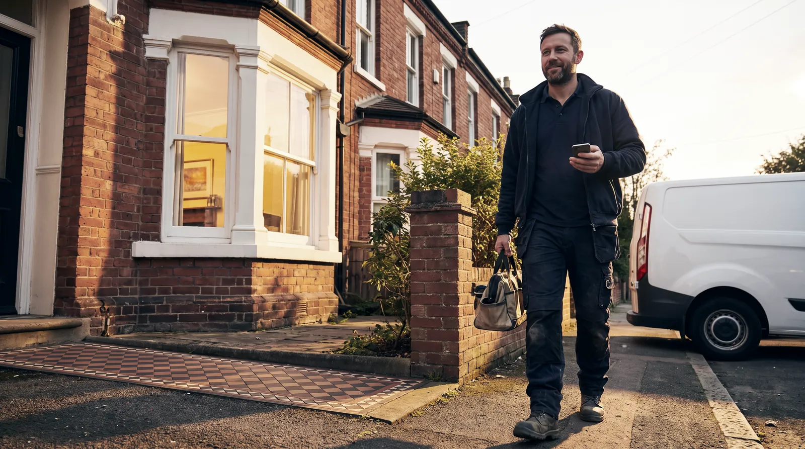 A tradesman walking back to his van with his phone in his hand