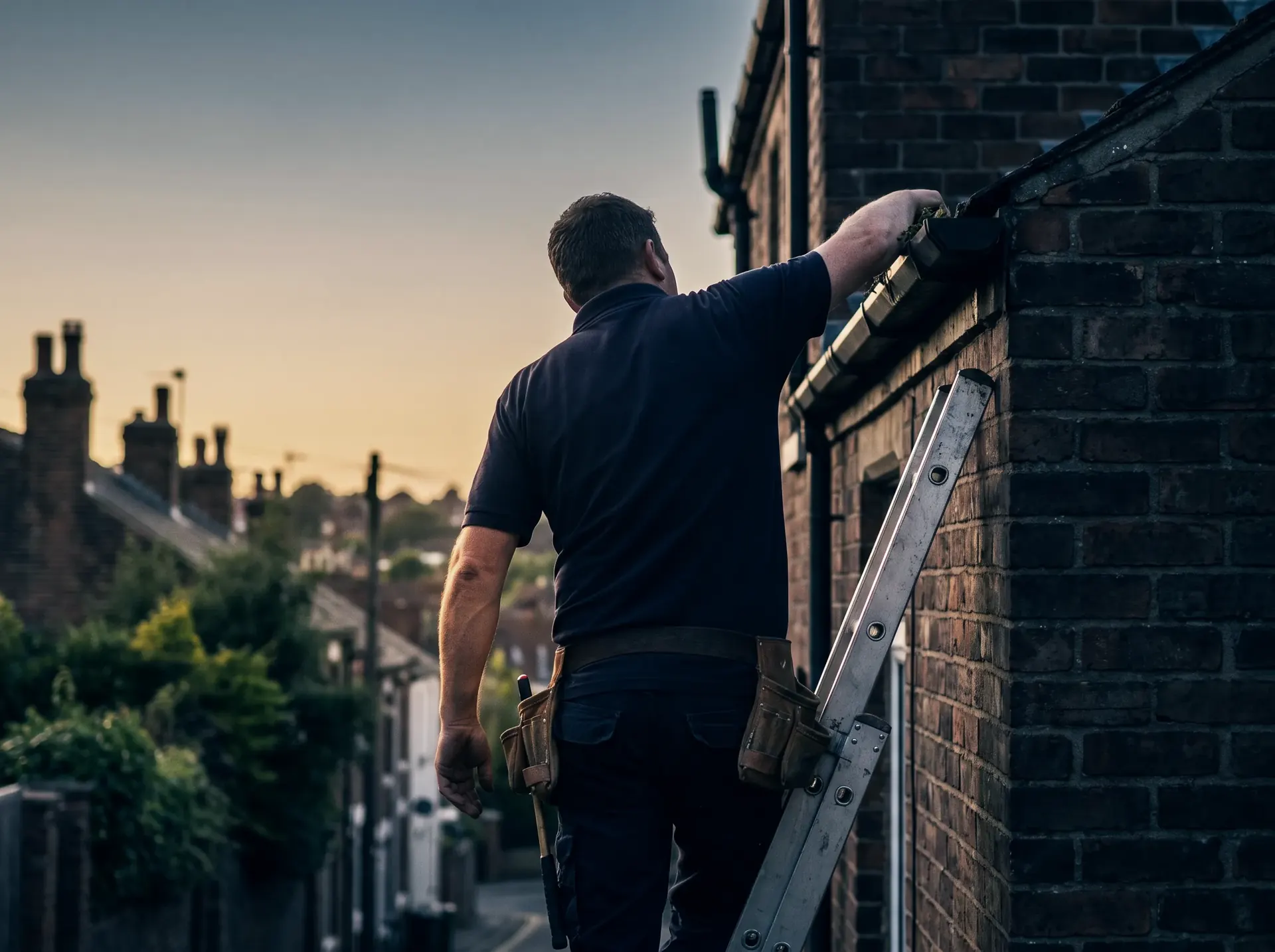 A tradesman working on a gutter at the top of a ladder