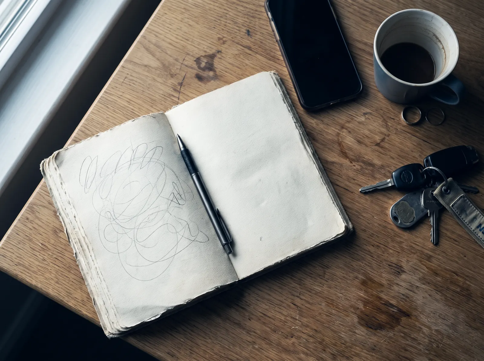 A notebook, a phone and a set of van keys on a kitchen table