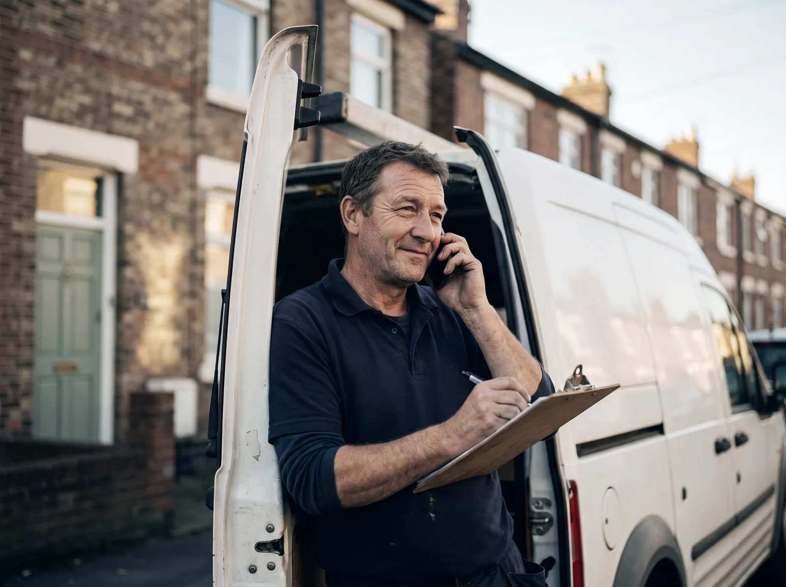 A tradesman on the phone at the back of his van, notepad in hand
