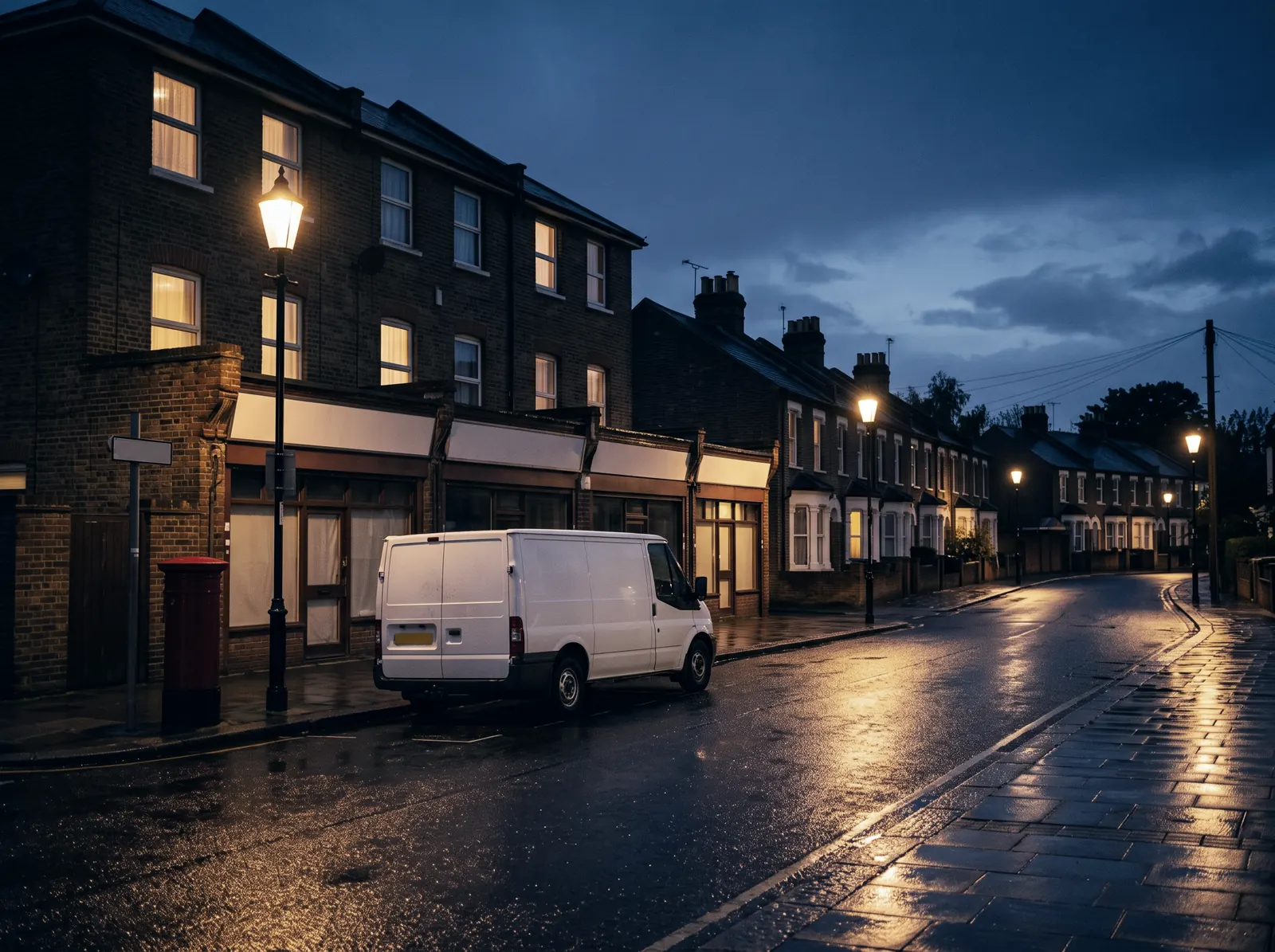 A parade of local shops on a south London street at dusk, a white van at the kerb