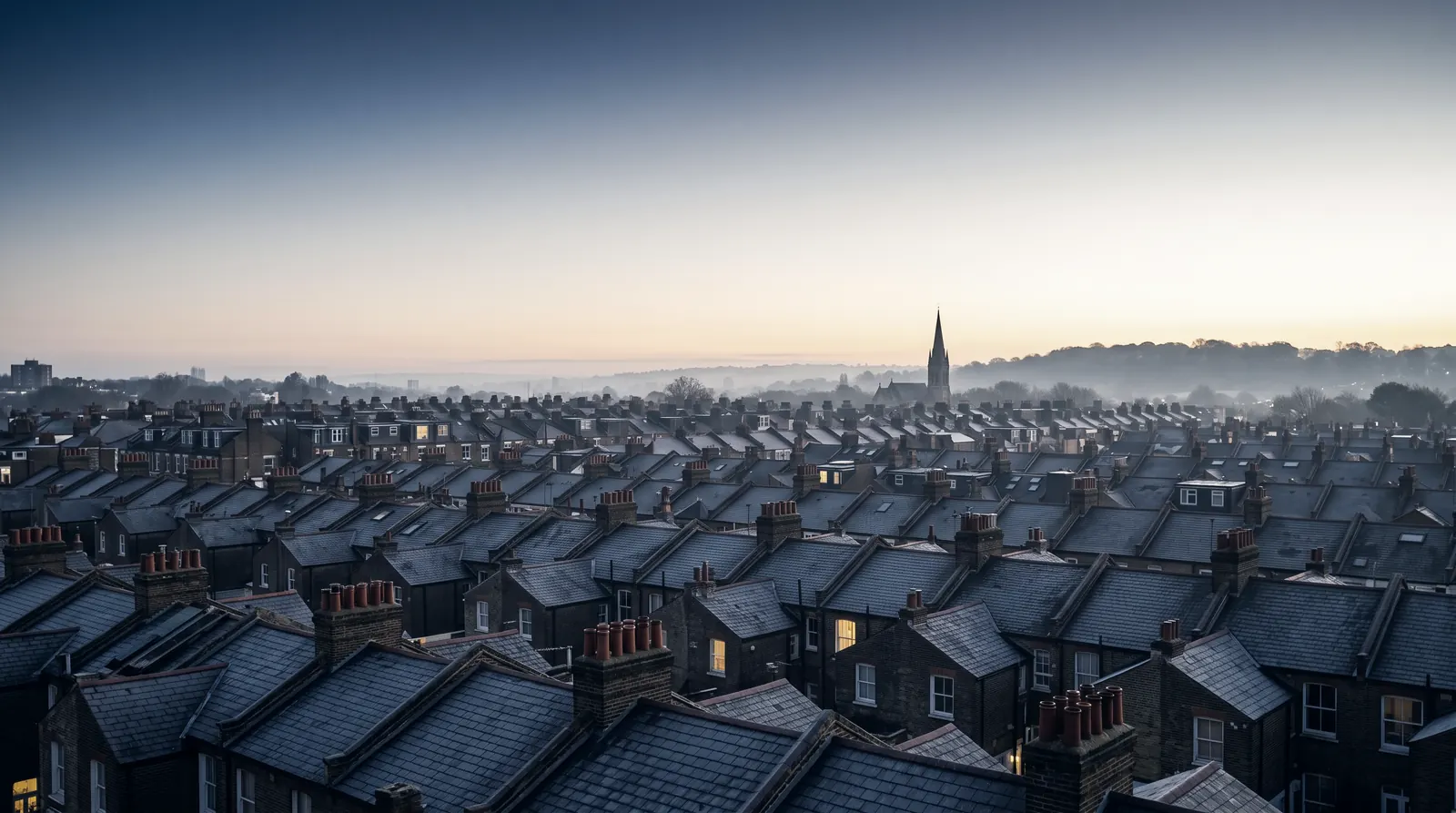 Rooftops of south London terraced houses at dawn