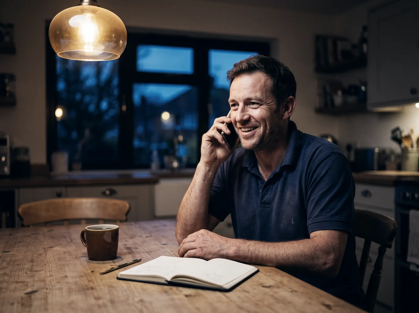A tradesman on the phone at his kitchen table, notebook open beside him