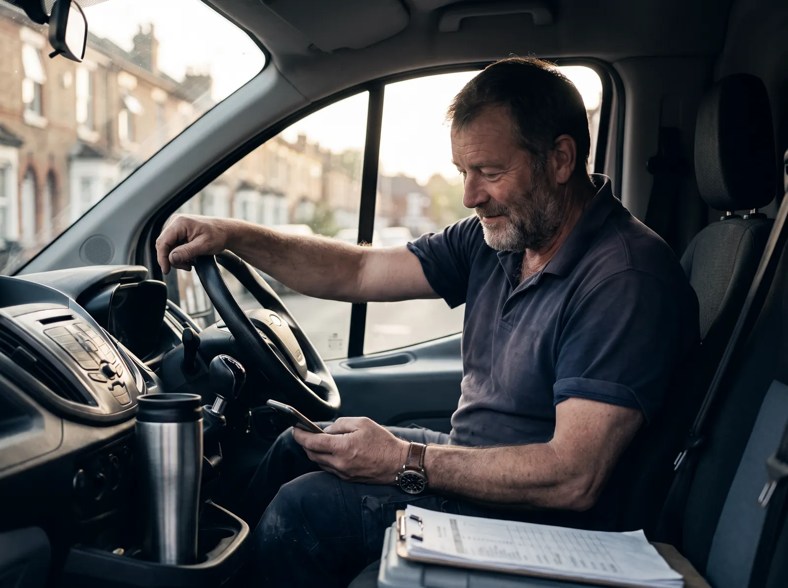 A tradesman in his van reading his phone
