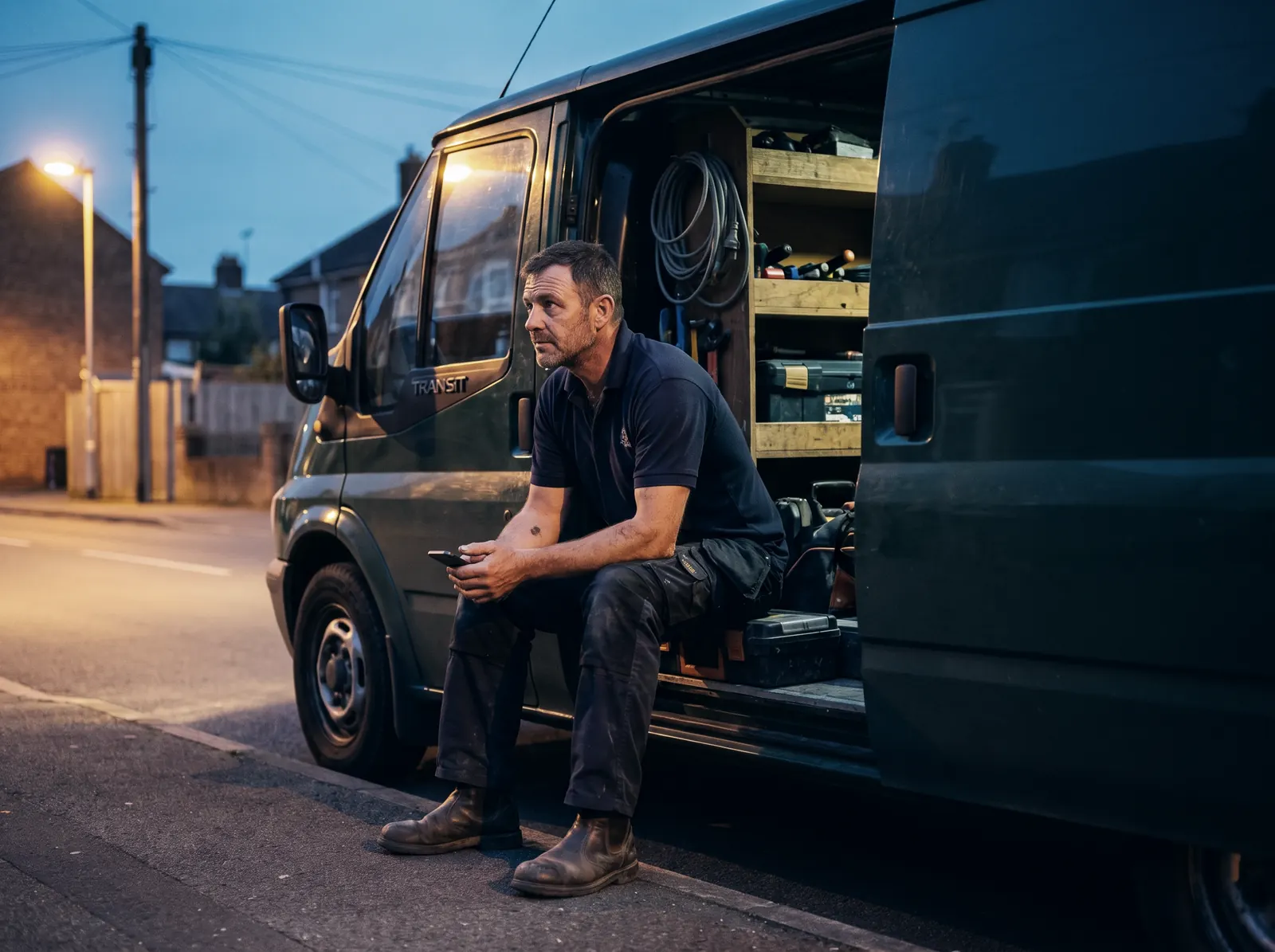 A tradesman sitting in the side door of his van at dusk, phone in hand