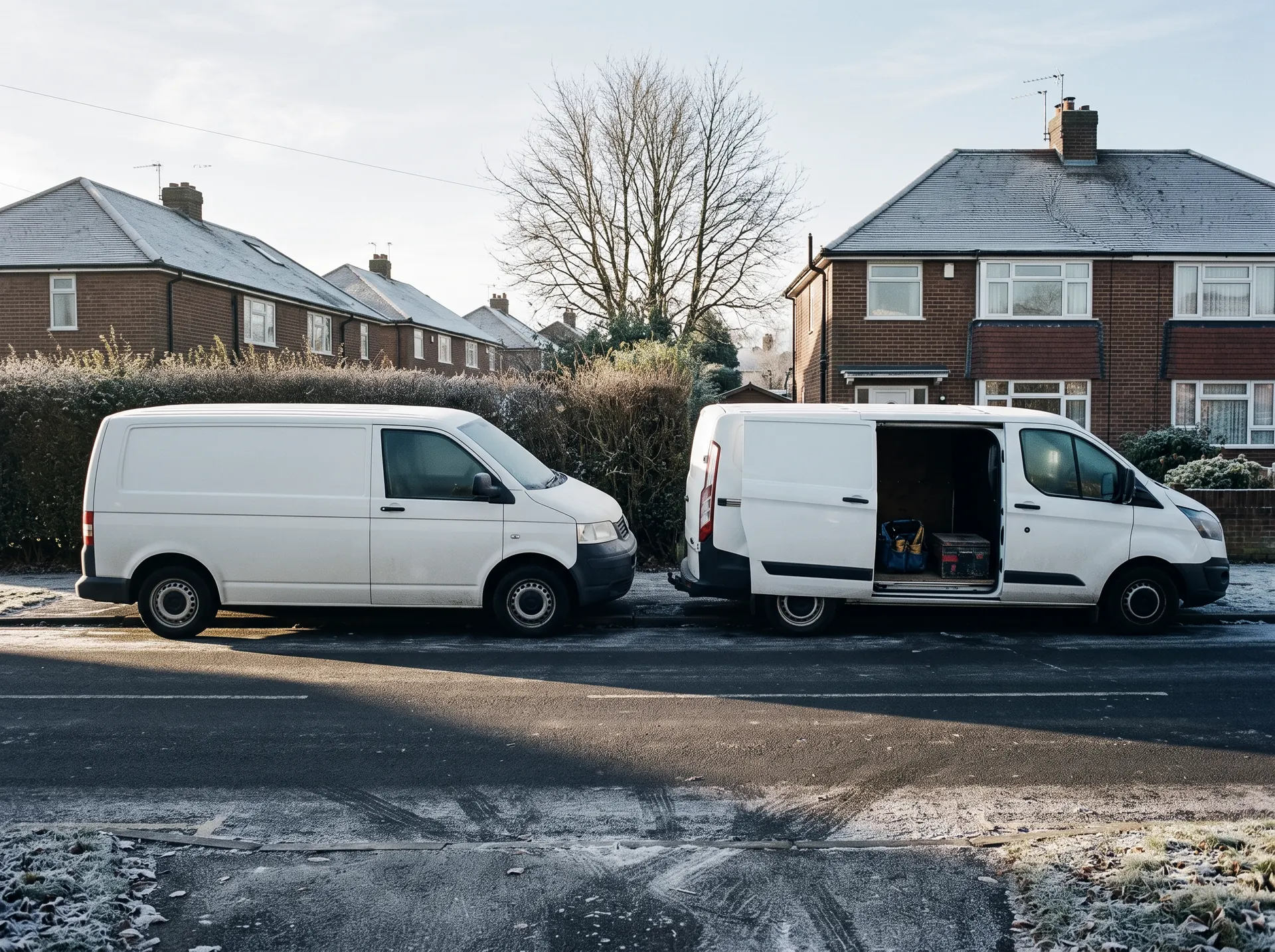 Two white vans parked on a frosty residential street, one with its side door open and a tool bag inside